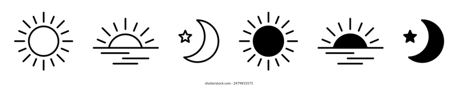 Time of the day signs. Rising and setting sun icon, crescent moon and stars, day and night time symbols. Vector illustration.