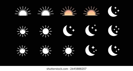 Time of the day signs. Rising and setting sun, crescent moon and stars, day and night time symbols. Vector illustration	