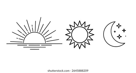 Sinais de hora do dia. Sol nascente e poente, lua crescente e estrelas, símbolos do dia e da noite. Ilustração vetorial	