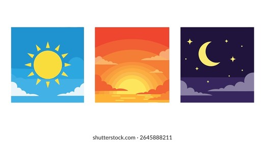 Time of the day signs. Rising and setting sun, crescent moon and stars, day and night time symbols. Vector illustration	