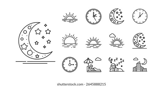 Time of the day signs. Rising and setting sun, crescent moon and stars, day and night time symbols. Vector illustration	