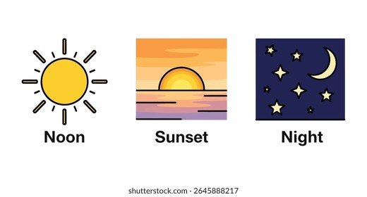 Sinais de hora do dia. Sol nascente e poente, lua crescente e estrelas, símbolos do dia e da noite. Ilustração vetorial	