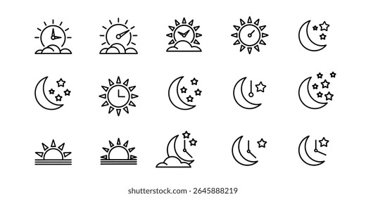 Time of the day signs. Rising and setting sun, crescent moon and stars, day and night time symbols. Vector illustration	