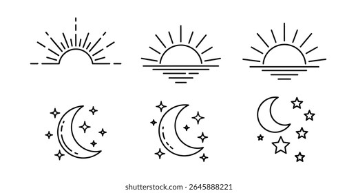 Sinais de hora do dia. Sol nascente e poente, lua crescente e estrelas, símbolos do dia e da noite. Ilustração vetorial	