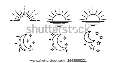 Time of the day signs. Rising and setting sun, crescent moon and stars, day and night time symbols. Vector illustration	