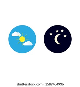 Time of the day simple icons set. Sunrise, sun, sunshine, moon and stars linear, color and silhouette vector symbols isolated on white
