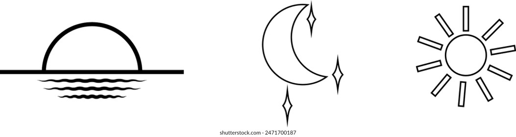 Time of the day simple icons set. Sunrise, sun, sunshine, moon and stars linear, color and silhouette vector symbols isolated on white eps  10.