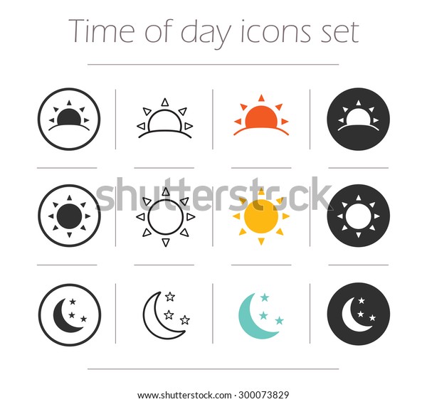 Time of the day simple icons set. Sunrise, sun,\
sunshine, moon and stars linear, color and silhouette vector\
symbols isolated on white\
