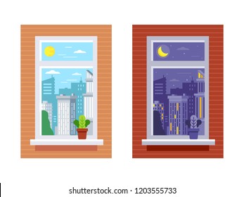 Time Of Day From Window View. Day And Night Window View. City Skyline In Day And Night With Sun And Moon. Vector Flat Illustration Set