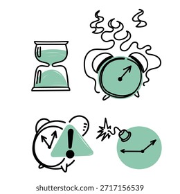 Advertencia de fecha límite de tiempo e ilustración en llamas para negocios o infografías relacionadas con el estilo de dibujos animados de doodle dibujado a mano