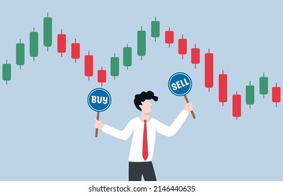 Time Decision To Invest In Stock Market, Opportunity To Buy Or Sell In Crypto Currency Trading, Foreign Exchange Concept. Businessman Holding Buy Sign And Sell Sign While Looking At Candlestick Chart.