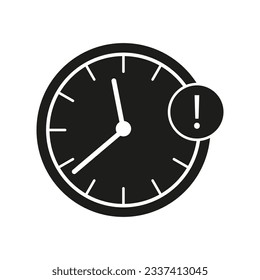 Time delay icon. Black clock with an exclamation point. Vector illustration. EPS 10.