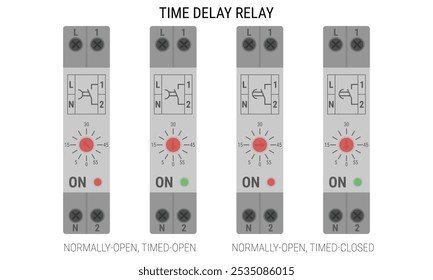 Relé de retardo de tempo para montagem do trilho DIN. Conjunto de relés de comando com função de retardo de tempo. Ilustração vetorial