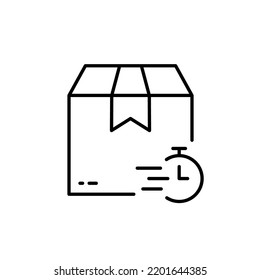 Time Delivery Line Icon. Parcel Box and Clock Fast Transportation Linear Pictogram. Timer Express Speed Shipment Outline Icon. Stopwatch and Package. Editable Stroke. Isolated Vector Illustration.