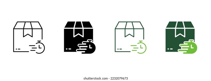 Silueta de entrega de tiempo e icono de línea. Pictograma de transporte rápido de paquete y reloj. Icono de envío de velocidad rápida de Timer Express. Stopwatch y Package. Stroke editable. Ilustración de vectores aislados.