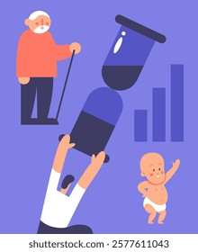 Time Demographic problems. Increase in the number of old population, aging of the nation, reduced number of newborns, decrease in fertility, mortality outweighs fertility. Flat vector illustration.