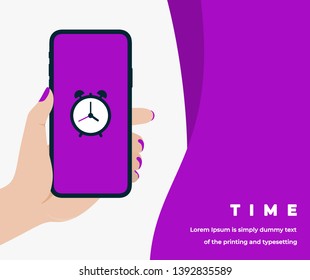 Time Design Concept in Purple Color with Woman Hand Holding a Smartphone with Alarm Clock on Screen, Headline and Text Place. Suitable for Web banner, Infographics, Flat Vector Illustration 