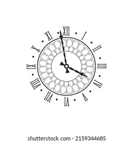 Time design, vintage clock with roman numerals isolated elegant hand watch design. Vector ornament watchface. Minute and hour pointers, round hand watch dial, clockwise icon