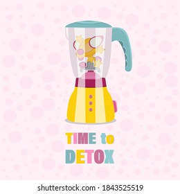 Time to detox. Blender with delicious fruit inside. Summer, smoothies, diet, green, healthy, juice, blender, raw, vegan. vector illustration.