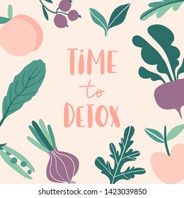 Time to detox. Concept with summer friuts and vegetables: onion, apple, beetroot, pea, salad, peach. Flat style design for banner, card, poster. Composition for vegan menu, healty food bar. Vector 