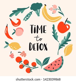 Time to detox. Concept with summer friuts and vegetables: banana, pepper, lemon, watermelon, broccoli. Flat style design for banner, poster. Circle composition for vegan menu, healty food bar. Vector