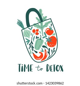 Time to detox. Eco shopping bag with summer vegetables: onion, pepper, tomato. Healthy organic fresh and natural vegan food concept, grocery delivery. Flat hand drawn design for banner, card, poster