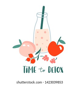 Time to detox. Smoothie or juice in jar with fruits, berries. Hand drawn glass bottle with summer cocktail. Concept for healthy food menu bar. Vegan, fresh and cold beverage. Cute flat vector design