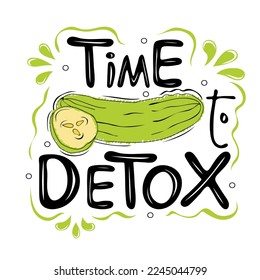 Tiempo de desintoxicar el texto con pepino entero y cortado. Leer el logo sobre fondo blanco. Detox Diet Concept. Nutrición saludable. Ilustración del vector