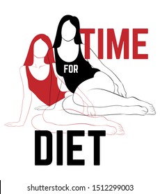 Time for diet. Vector hand drawn illustration of girls  in swimsuits isolated. Creative artwork. Template for card, poster. banner, print for t-shirt, pin, badge, patch.