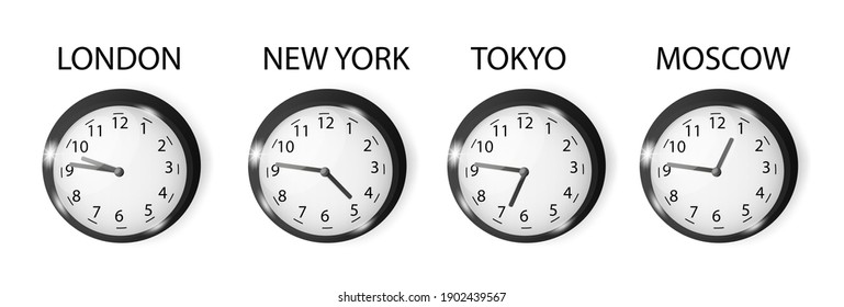 Zeit in verschiedenen Städten der Welt. Zeitzonen. Realistische schwarze Wanduhr einzeln auf Hintergrund. 3D-Vektorgrafik