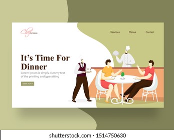 It's Time For Dinner landing page design with chef serving, man and woman sitting at a restaurant table.