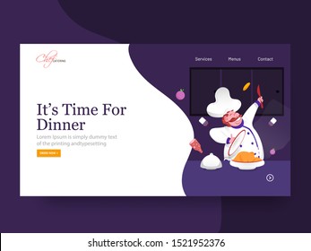It's Time for Dinner landing page design with happy chef character presenting chicken on abstract background.