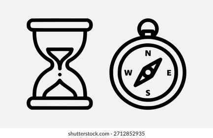 Concepto de tiempo y dirección con reloj de arena y brújula icono de línea de Vector aislado sobre fondo blanco