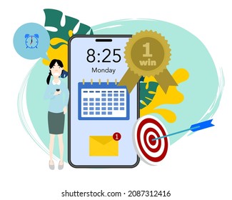 Time discipline. Time management app. Manage appointments. Time management to achieve goals and success. Flat design vector illustration.
