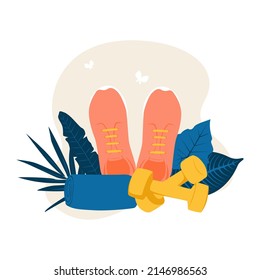 It time to do sport activity. Composition with pink sports shoes, towel, dumbbells and leaves. The concept of healthy lifestyle, sports, fitness. Flat illustration for landing, banners, flyers