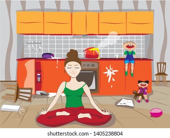 time to do yoga. Mom in the kitchen, vector