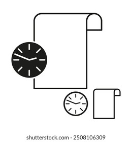 Time and document icons. Clock face symbol. Paper scroll outline. Vector illustration.