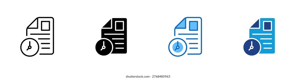 Time Document Multiple Style Icon Design Vector - Document with clock symbol representing deadline tracking, time based record, and document scheduling