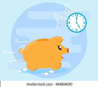 Time does not wait. Time resource, which is never enough. Pig piggybank runs for flies for hours. Time can not be bought for money. Flat style