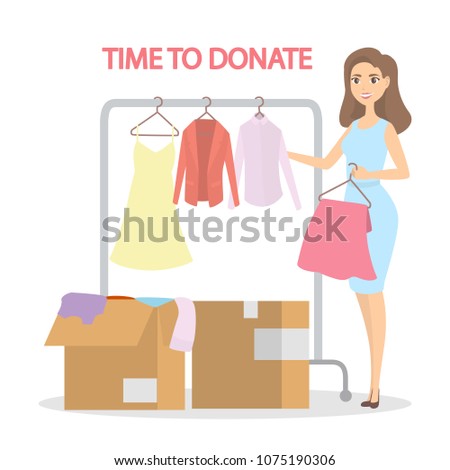 Time to donate. Woman with clothes boxes charity.