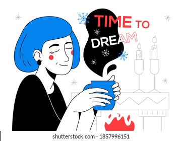 Zeit zum Träumen - moderne flache Design-Illustration mit Linienelementen. Weihnachten- und Neujahrsvorstellungen. Eine Komposition mit einem süßen Mädchen, Kaffee trinken, Bilder von Kerzen und Kamin