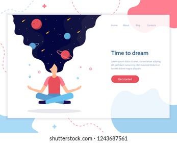 Time to dream. Web banner design template. In the women's hair space: planets and stars. She floating in the air in a lotus position. Flat vector illustration.