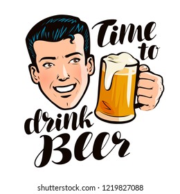 Time to drink beer, poster. Alcohol, pub concept. Pop art retro comic style. Cartoon vector illustration