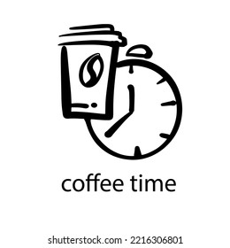 It's time to drink coffee. A paper cup of coffee and a watch. Icon, logo for a coffee shop or bistro. Design element for menu, packaging, poster, sticker, etc. Hand-drawn black and white vector doodle