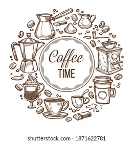 Time to drink coffee, rounded banner with cup of beverage, beans and cezve. Grinder and turkish pot, restaurant or shop label. Coffeemaker and take out mug. Monochrome sketch outline, vector in flat