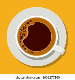 Time to drink coffee. Vector illustration of a cup of coffee looking over with a shadow on a yellow background.