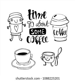 Time to drink some coffee - Vector set of hand drawn illustrations. Can be used as logos, prints, cards, banners ets. 