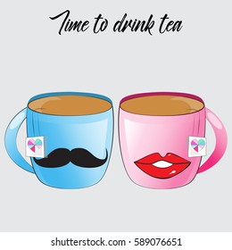 Time to drink tea. Cups of tea with a mustache and lips on a gray background. Vector illustration.