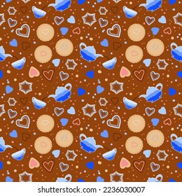 Time to drink tea, endless pattern with teapot, cup, cookie for textile, paper. For printing .   Bright colors, blue,brown.
