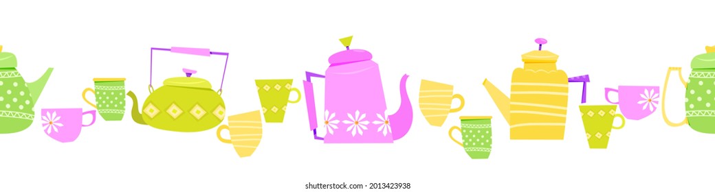 Es hora de tomar té.  Frontera perfecta.  Diferentes formas de tetera y tazas.  Ilustración plana.  vector eps 10.
